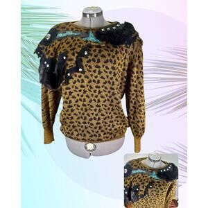 Vintage 80s Graced by Starr Faux Fur Studded Suede Leopard Print Sweater Size S